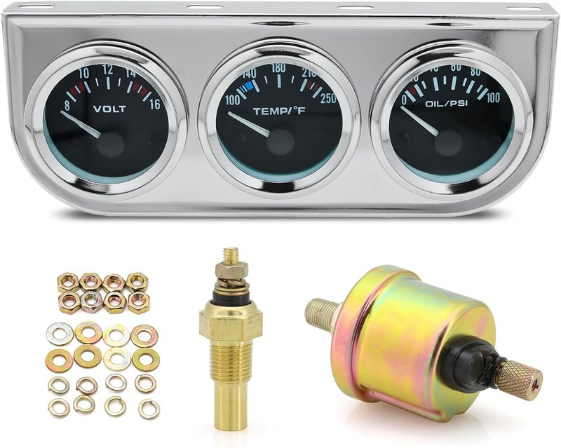 ARTILAURA 52mm Triple Gauge Set (Oil Pressure + Water Temp + Volt) 3 in1 Black AUTO Gauges 3 Set Cluster Kit Dashboard with Silver Console for 12V Cars - Image 1